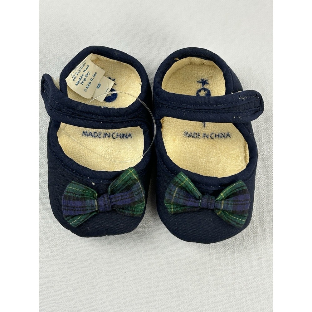 Vintage Kids Baby Mary Jane Shoes Navy Plaid Bow Kids II 0-3 Months Preppy